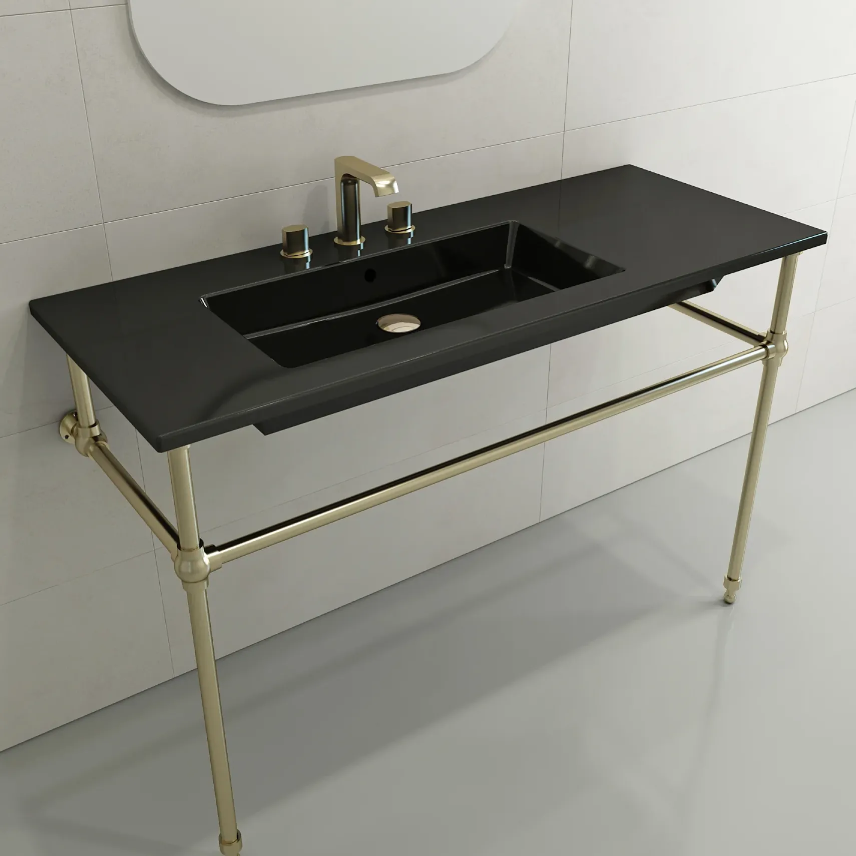 BOCCHI Ravenna 48" Rectangle Wallmount Fireclay Bathroom Sink, Black, 3 Faucet Hole, 1305-005-0127