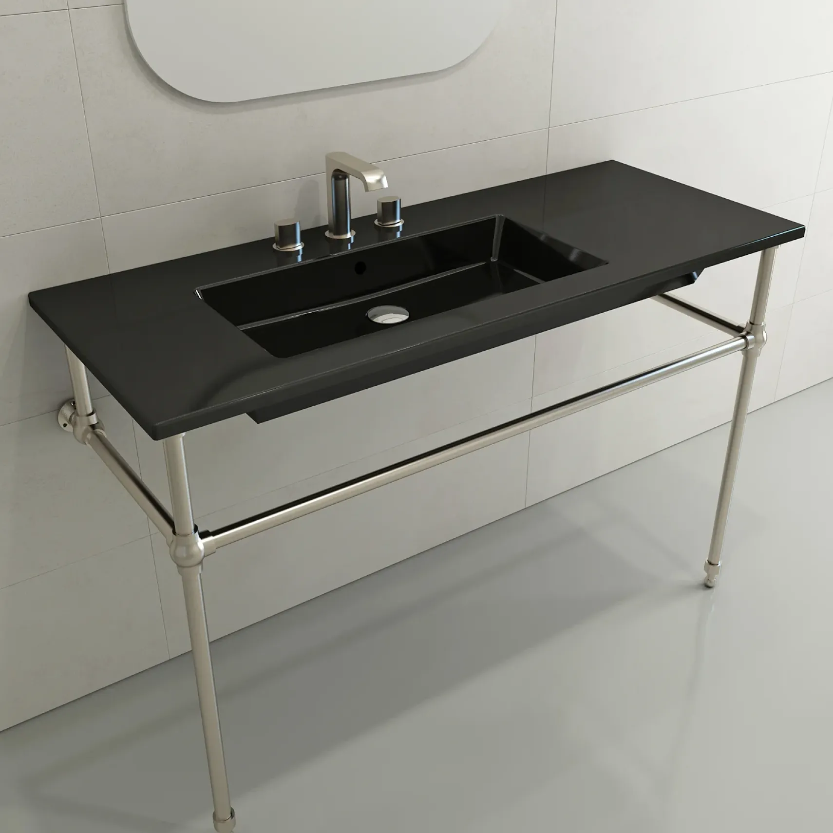 BOCCHI Ravenna 48" Rectangle Wallmount Fireclay Bathroom Sink, Black, 3 Faucet Hole, 1305-005-0127