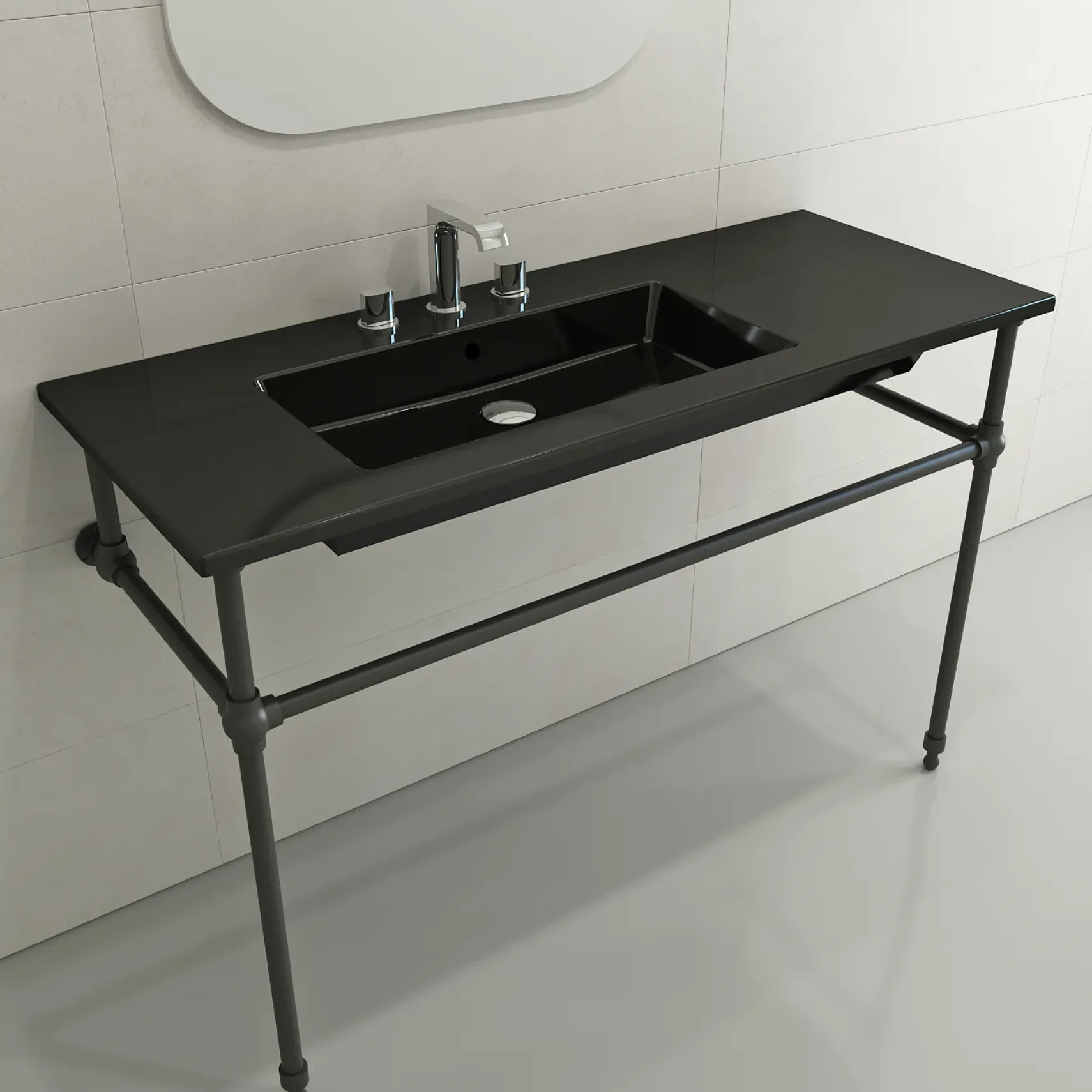 BOCCHI Ravenna 48" Rectangle Wallmount Fireclay Bathroom Sink, Black, 3 Faucet Hole, 1305-005-0127