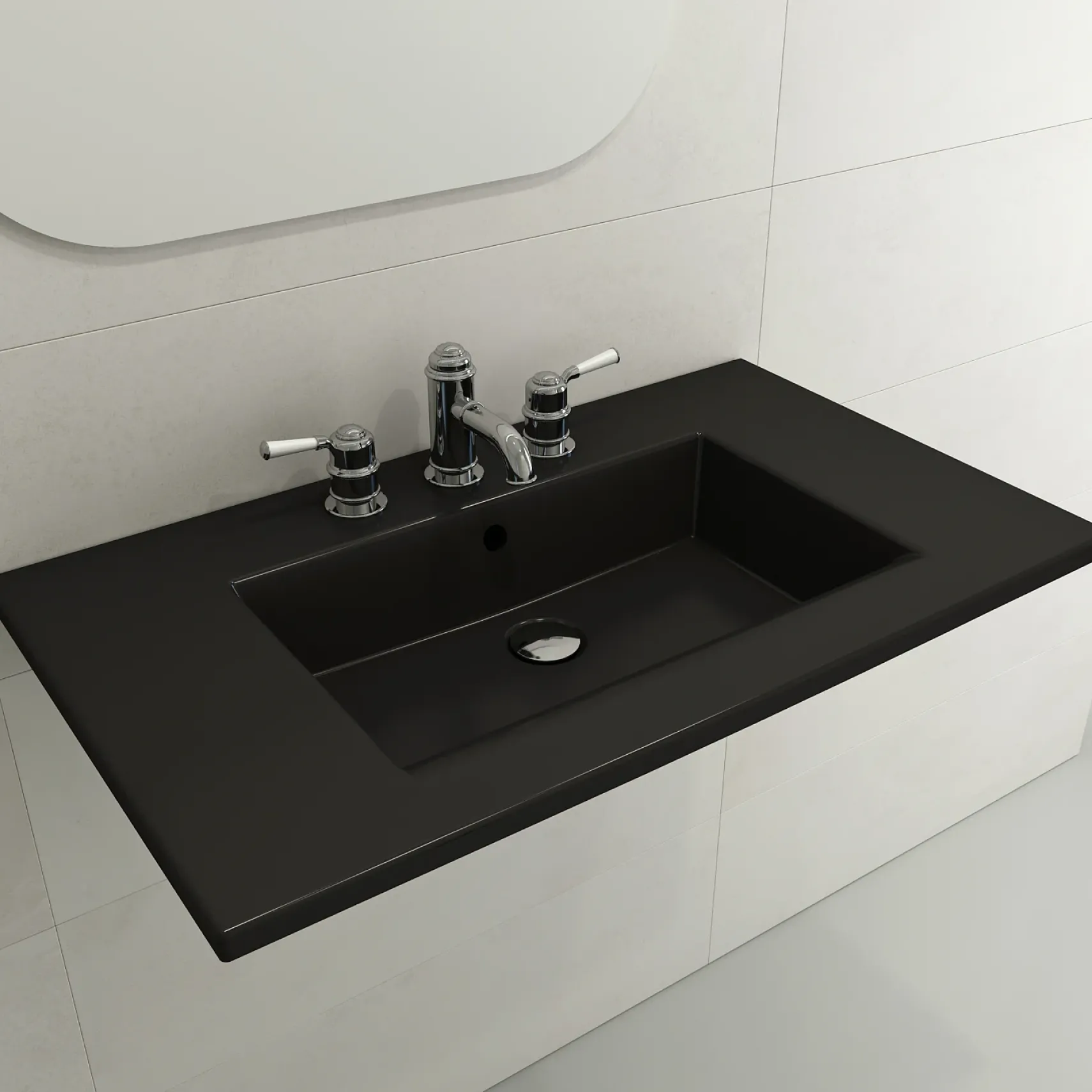 BOCCHI Ravenna 32" Rectangle Wallmount Fireclay Bathroom Sink, Matte Black, Single Faucet Hole, 1113-004-0126