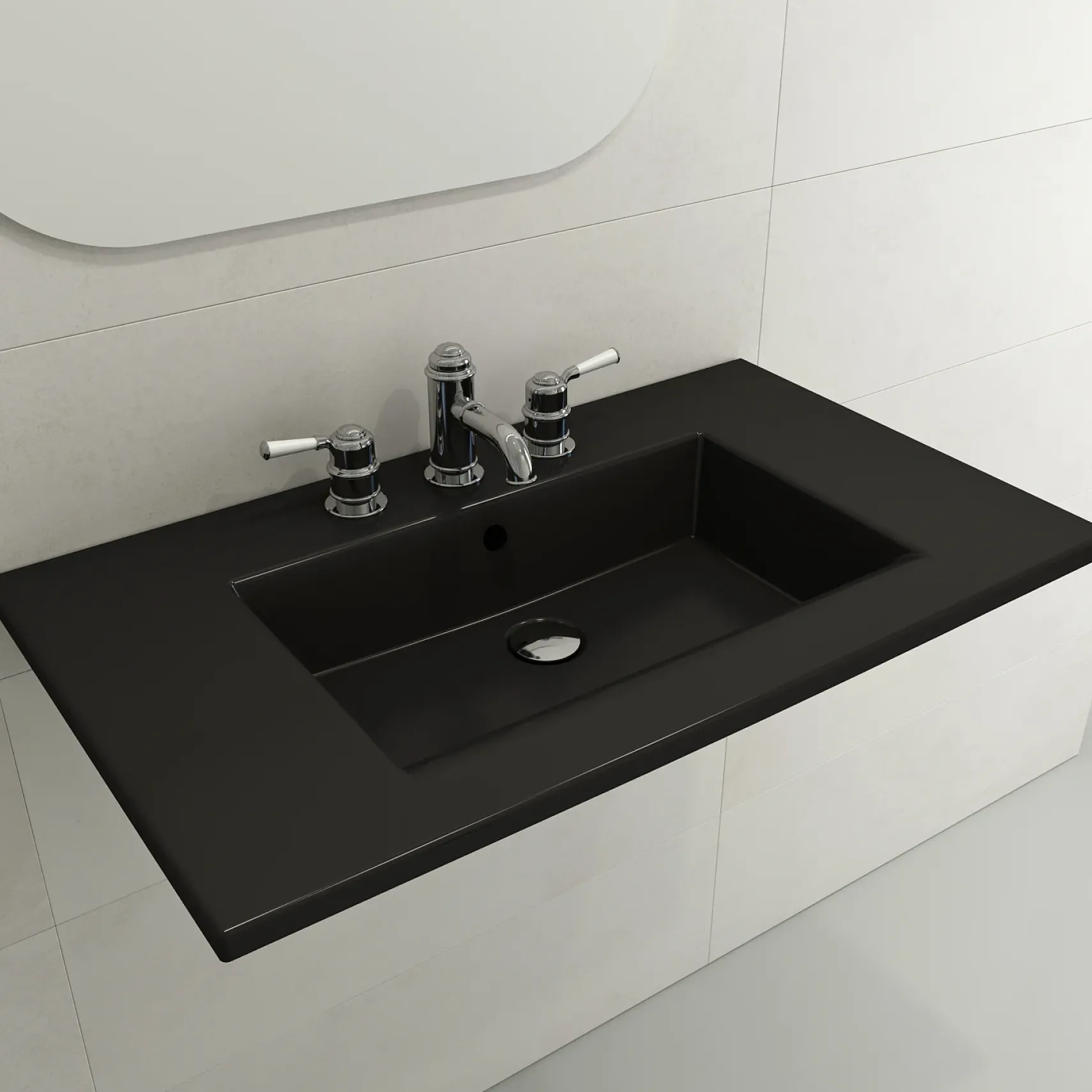 BOCCHI Ravenna 32" Rectangle Wallmount Fireclay Bathroom Sink, Matte Black, Single Faucet Hole, 1113-004-0126