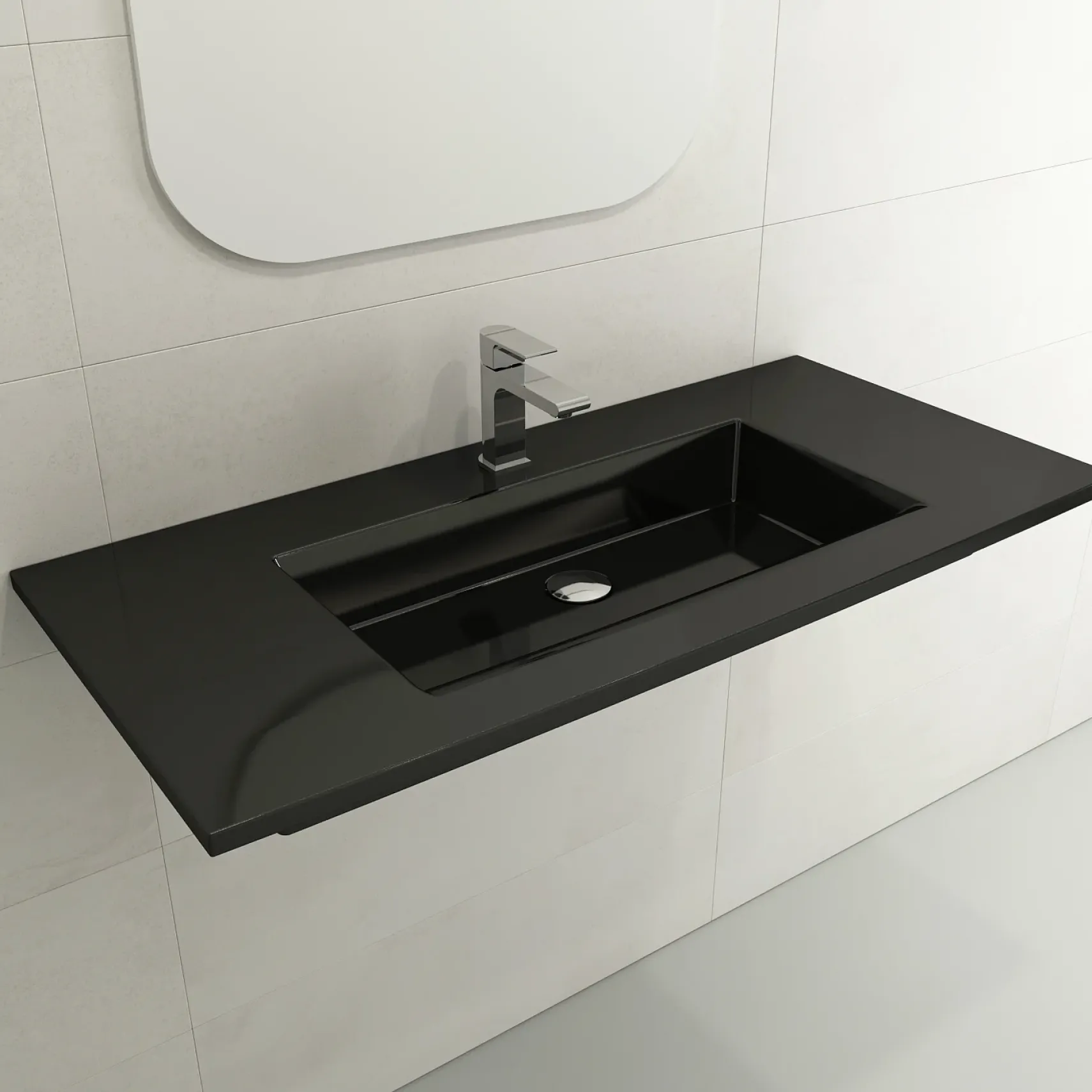 BOCCHI Ravenna 41" Rectangle Wallmount Fireclay Bathroom Sink, Black, Single Faucet Hole, 1105-005-0126