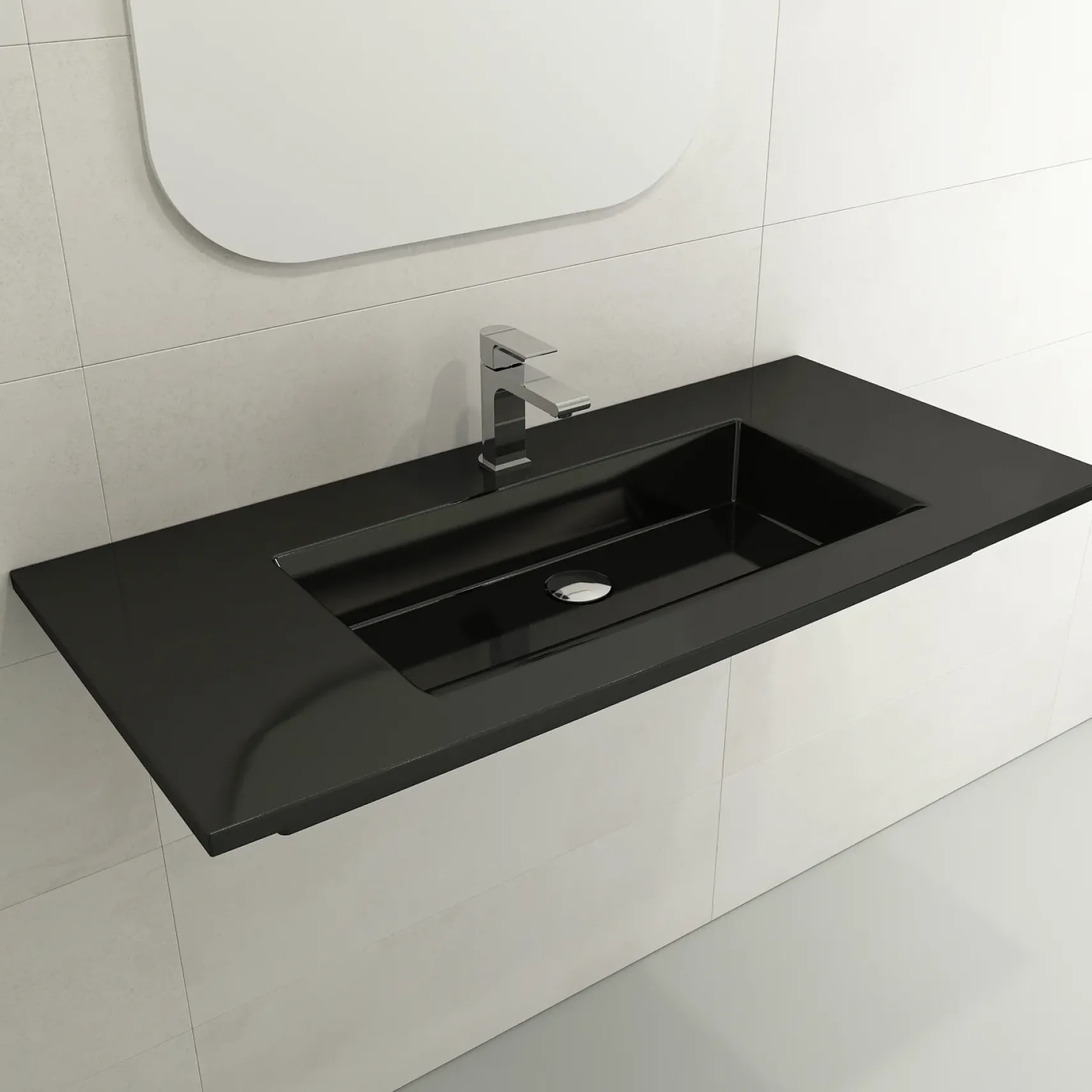 BOCCHI Ravenna 41" Rectangle Wallmount Fireclay Bathroom Sink, Black, Single Faucet Hole, 1105-005-0126