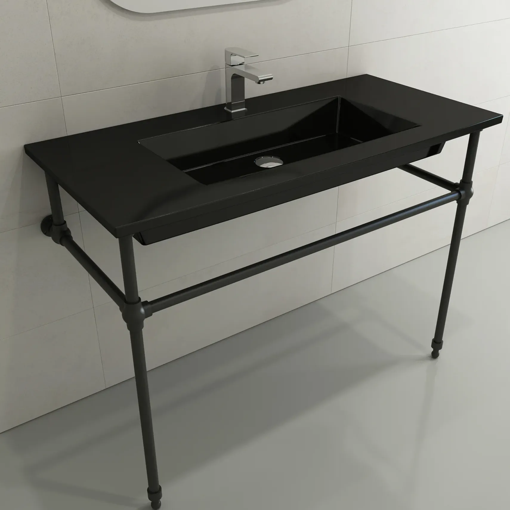 BOCCHI Ravenna 41" Rectangle Wallmount Fireclay Bathroom Sink, Black, Single Faucet Hole, 1105-005-0126