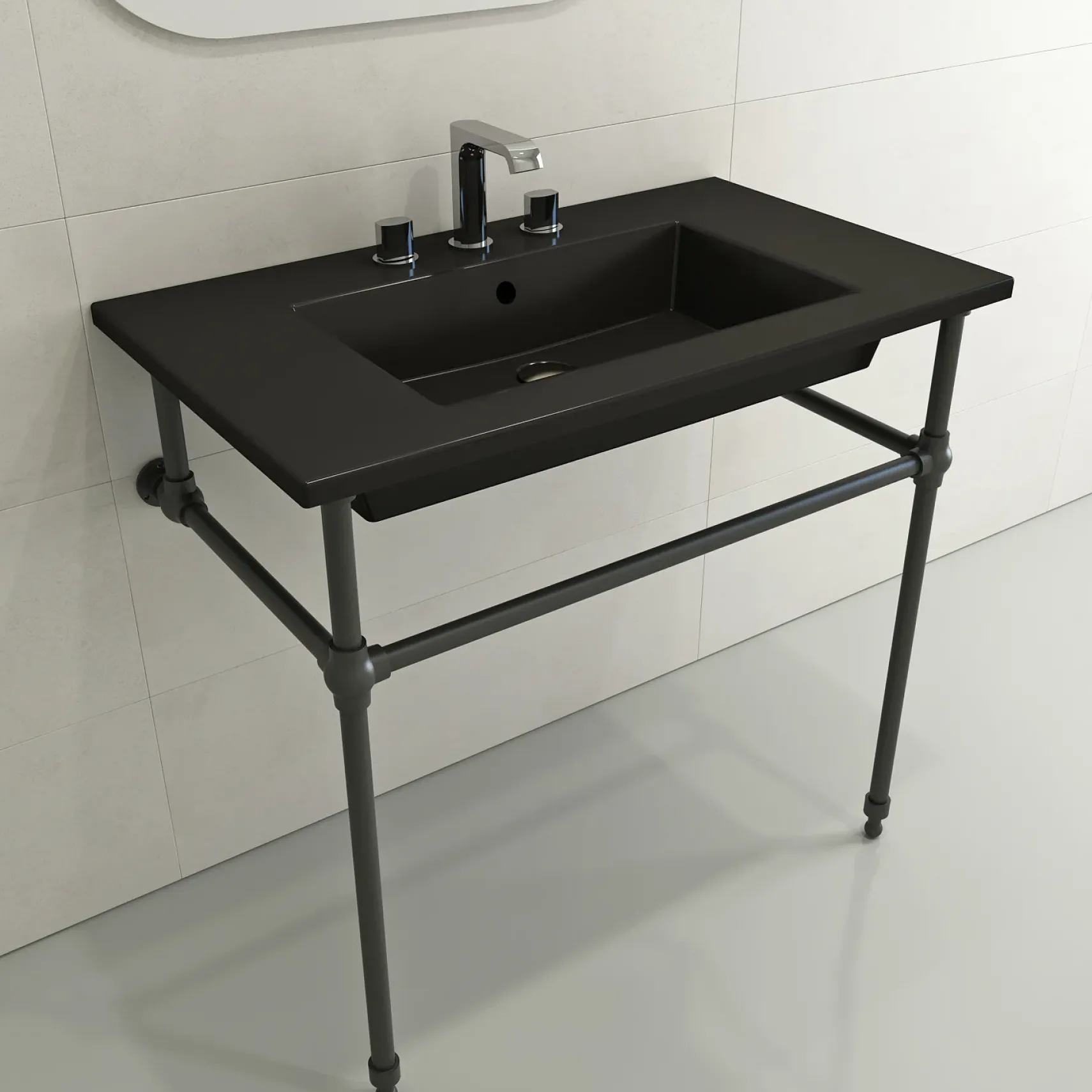BOCCHI Ravenna 32" Rectangle Wallmount Fireclay Bathroom Sink, Matte Black, 3 Faucet Hole, 1113-004-0127