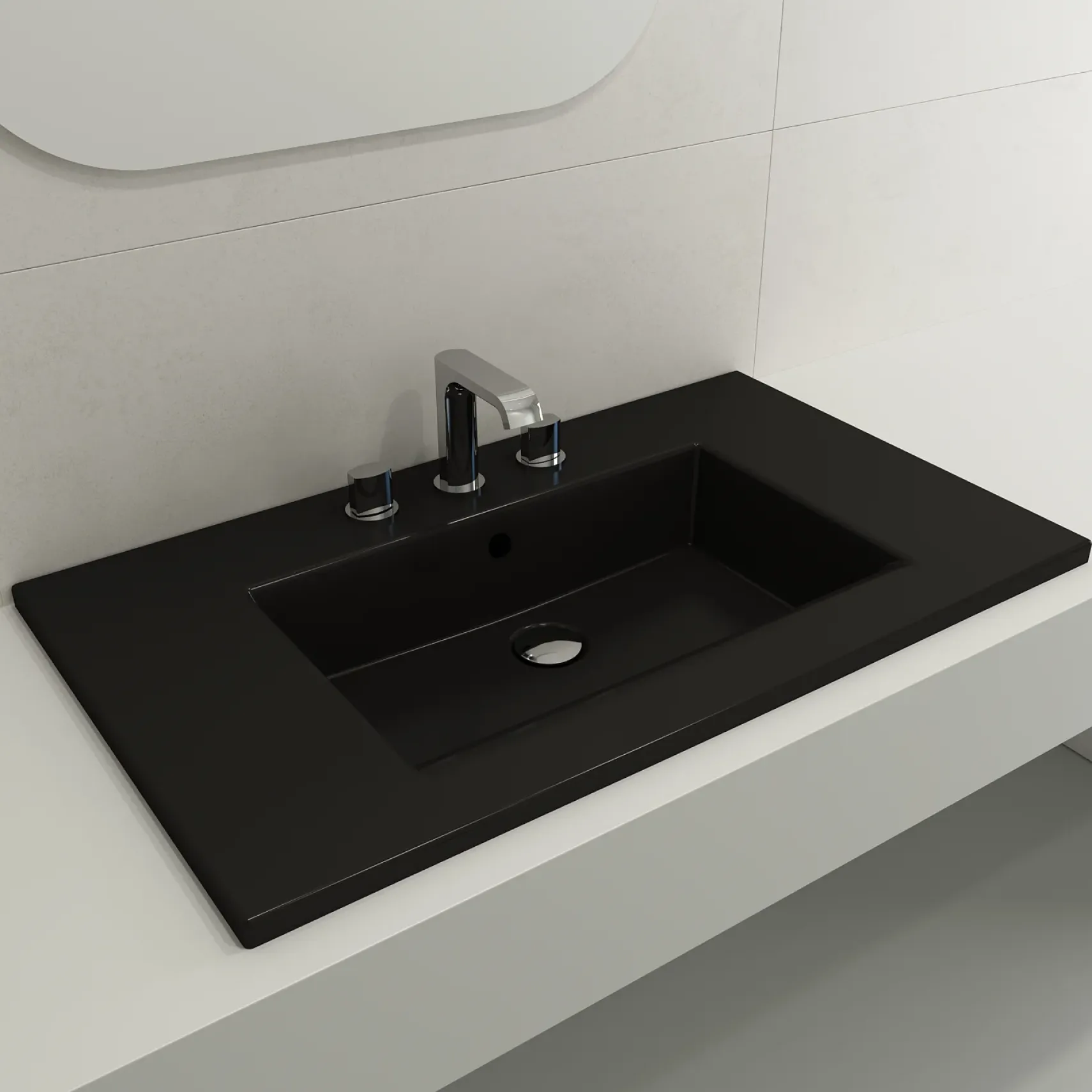 BOCCHI Ravenna 32" Rectangle Wallmount Fireclay Bathroom Sink, Matte Black, 3 Faucet Hole, 1113-004-0127