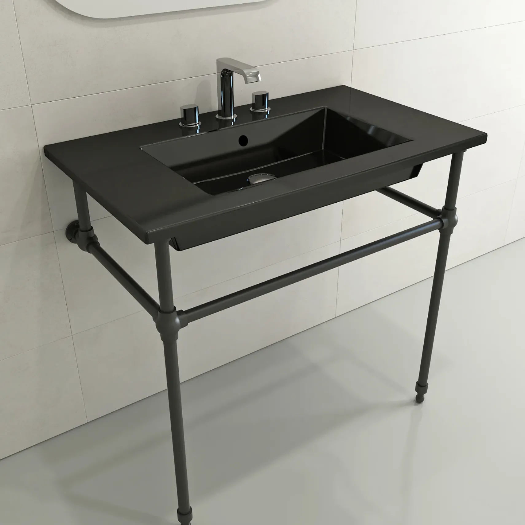 BOCCHI Ravenna 32" Rectangle Wallmount Fireclay Bathroom Sink, Black, 3 Faucet Hole, 1113-005-0127