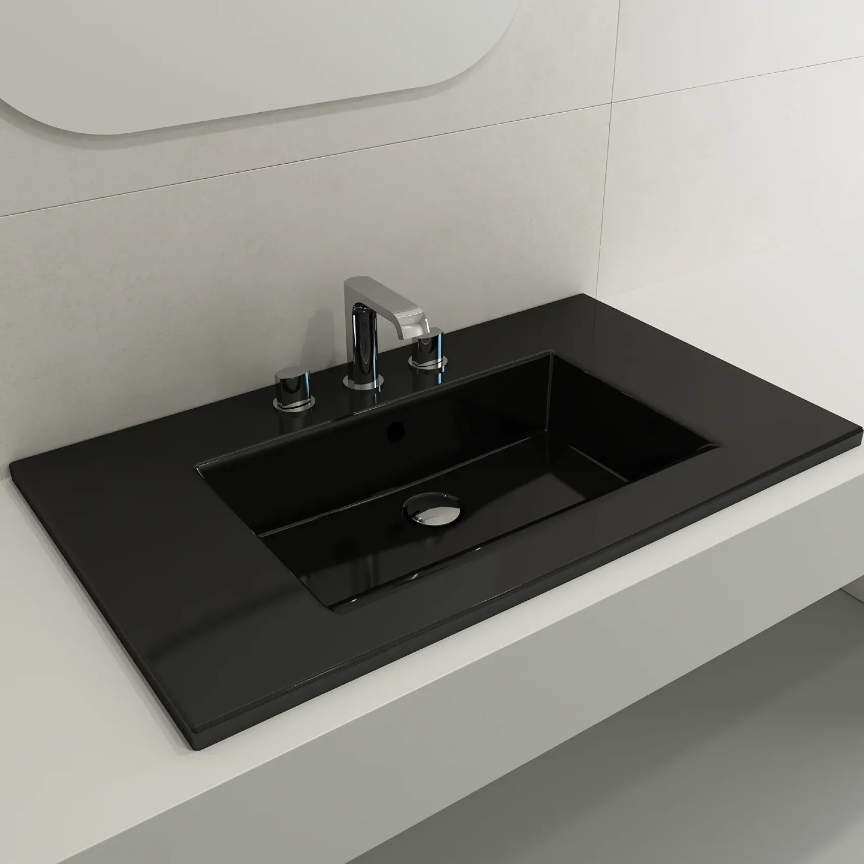 BOCCHI Ravenna 32" Rectangle Wallmount Fireclay Bathroom Sink, Black, 3 Faucet Hole, 1113-005-0127