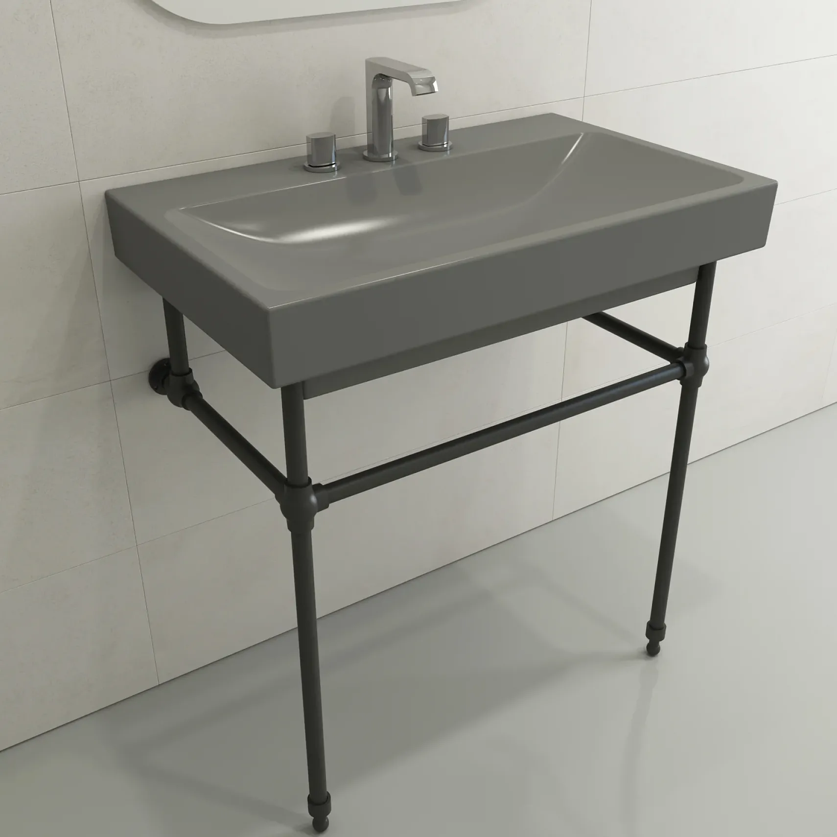 BOCCHI Scala 32" Rectangle Wallmount Fireclay Bathroom Sink, Matte Gray, 3 Faucet Hole, 1078-006-0127