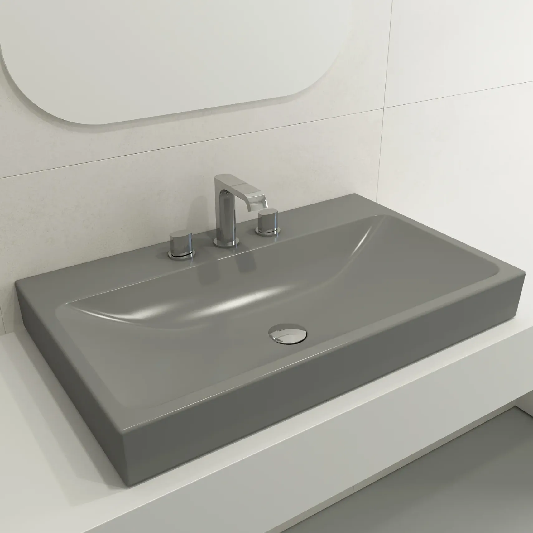 BOCCHI Scala 32" Rectangle Wallmount Fireclay Bathroom Sink, Matte Gray, 3 Faucet Hole, 1078-006-0127