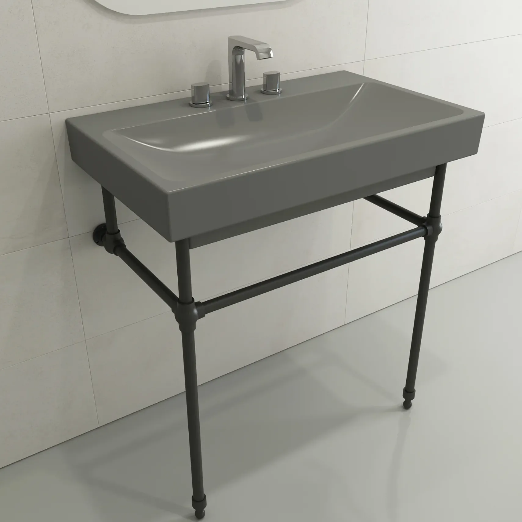 BOCCHI Scala 32" Rectangle Wallmount Fireclay Bathroom Sink, Matte Gray, 3 Faucet Hole, 1078-006-0127