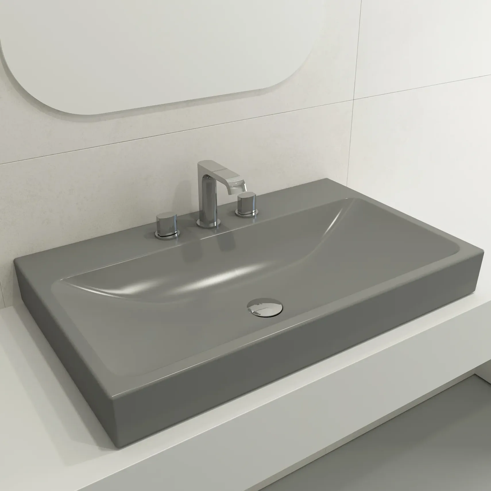 BOCCHI Scala 32" Rectangle Wallmount Fireclay Bathroom Sink, Matte Gray, 3 Faucet Hole, 1078-006-0127