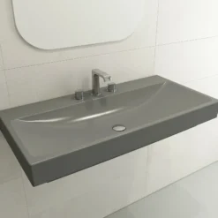 BOCCHI Scala 40" Rectangle Wallmount Fireclay Bathroom Sink, Matte Gray, 3 Faucet Hole, 1079-006-0127