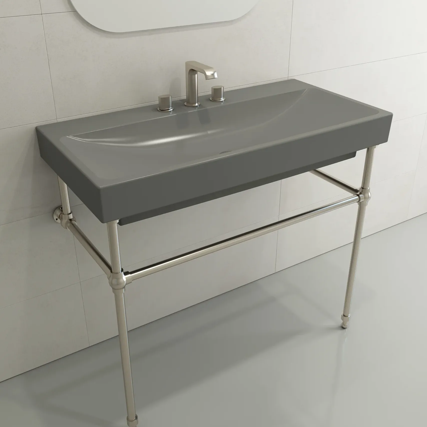 BOCCHI Scala 40" Rectangle Wallmount Fireclay Bathroom Sink, Matte Gray, 3 Faucet Hole, 1079-006-0127