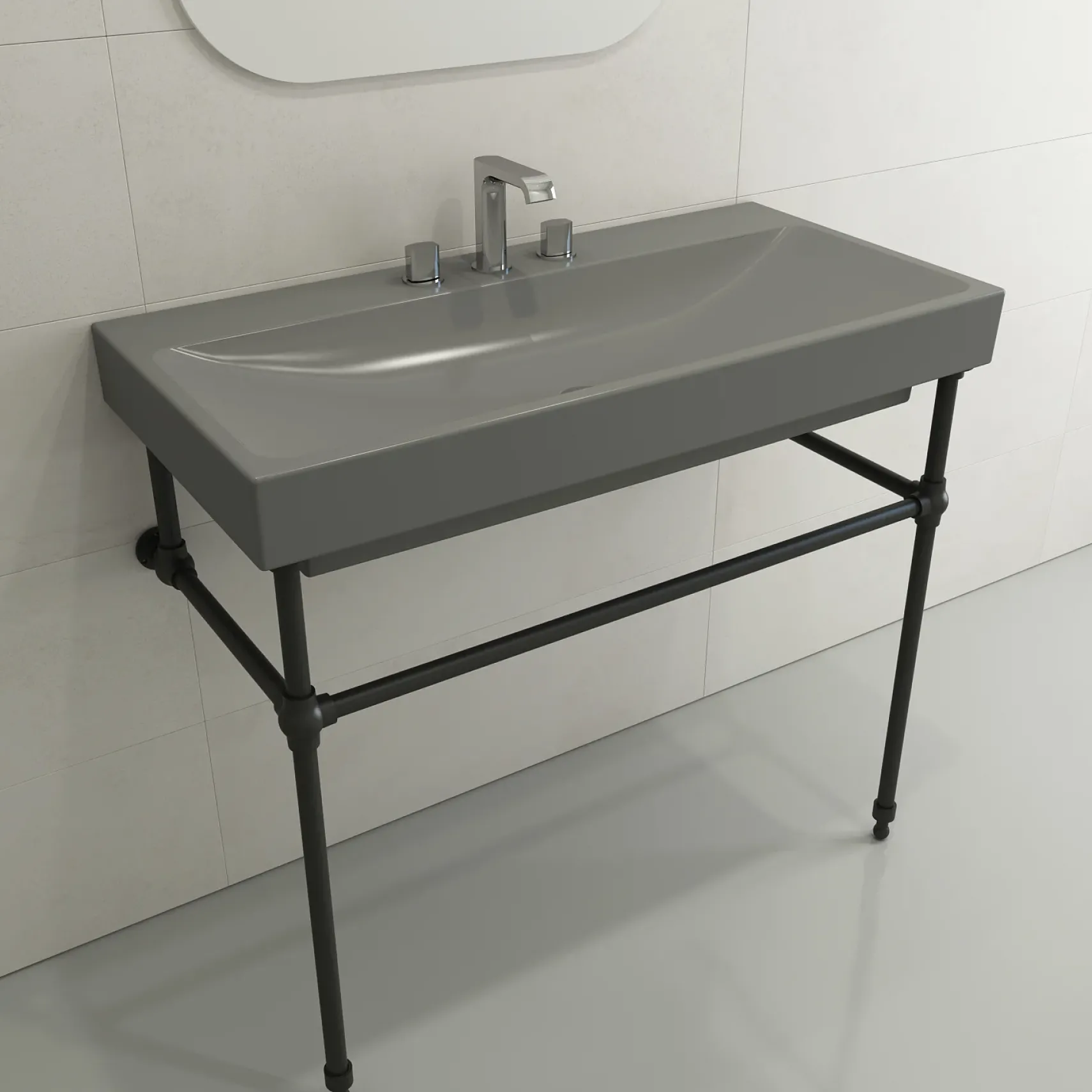 BOCCHI Scala 40" Rectangle Wallmount Fireclay Bathroom Sink, Matte Gray, 3 Faucet Hole, 1079-006-0127