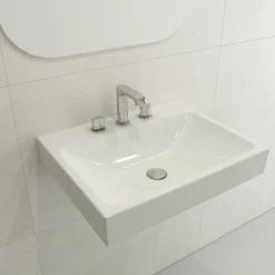 BOCCHI Scala 24" Rectangle Wallmount Fireclay Bathroom Sink, White, 3 Faucet Hole, 1077-001-0127