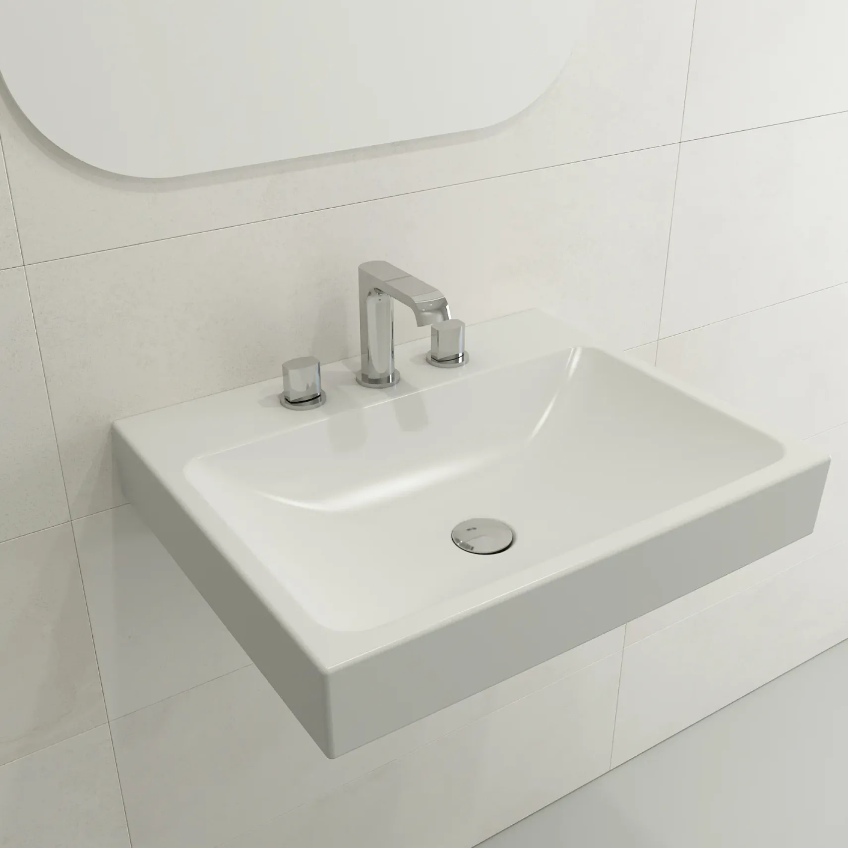 BOCCHI Scala 24" Rectangle Wallmount Fireclay Bathroom Sink, Matte White, 3 Faucet Hole, 1077-002-0127