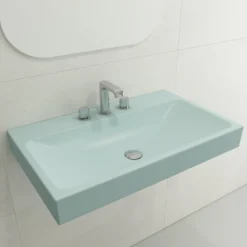 BOCCHI Scala 32" Rectangle Wallmount Fireclay Bathroom Sink, Matte Ice Blue, 3 Faucet Hole, 1078-029-0127