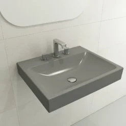 BOCCHI Scala 24" Rectangle Wallmount Fireclay Bathroom Sink, Matte Gray, 3 Faucet Hole, 1077-006-0127