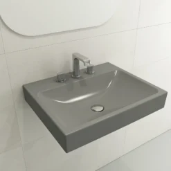 BOCCHI Scala 24" Rectangle Wallmount Fireclay Bathroom Sink, Matte Gray, 3 Faucet Hole, 1077-006-0127