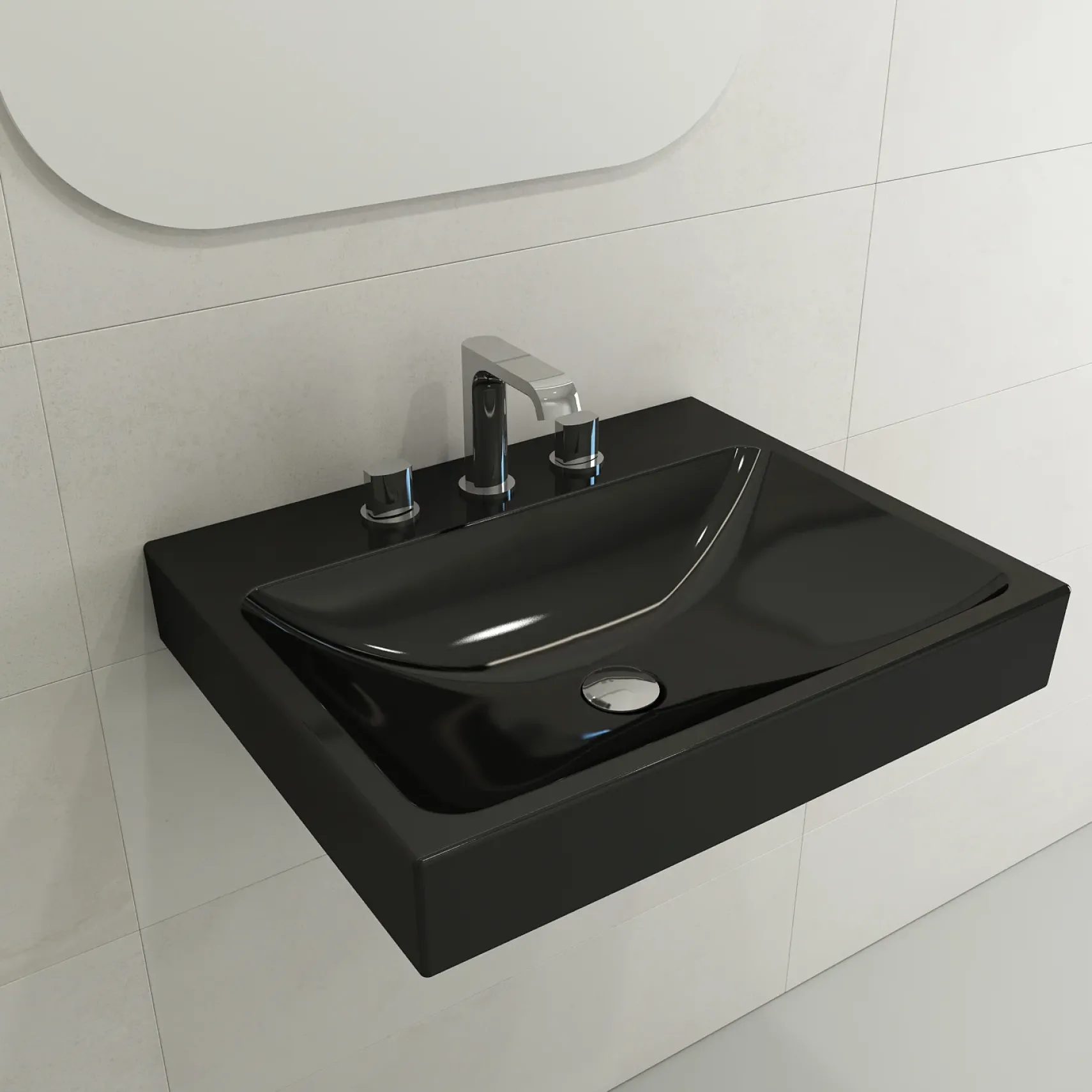 BOCCHI Scala 24" Rectangle Wallmount Fireclay Bathroom Sink, Black, 3 Faucet Hole, 1077-005-0127