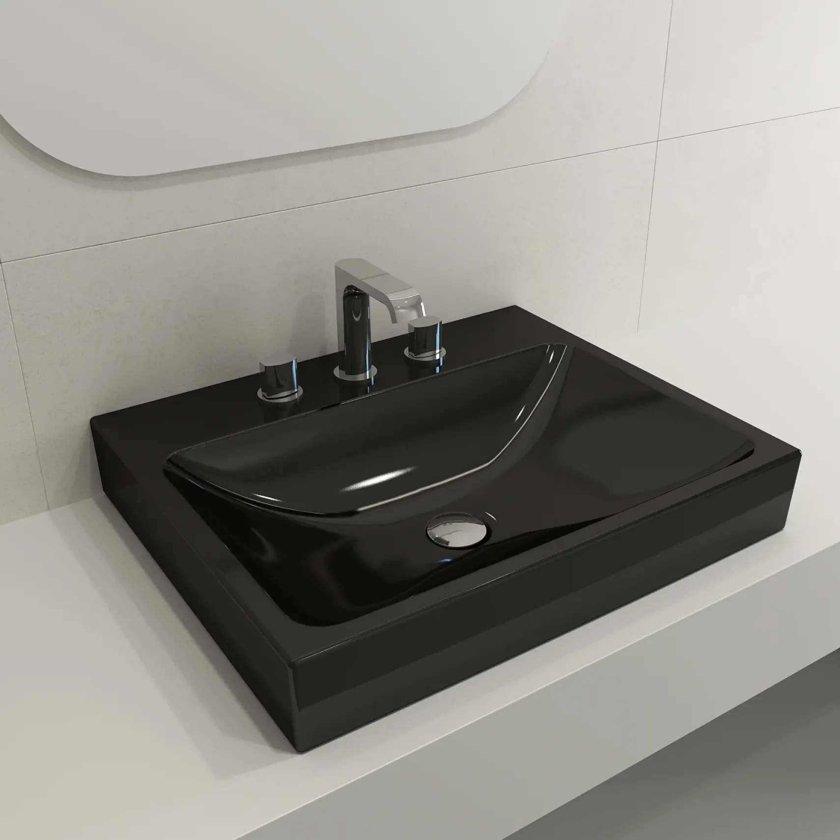 BOCCHI Scala 24" Rectangle Wallmount Fireclay Bathroom Sink, Black, 3 Faucet Hole, 1077-005-0127