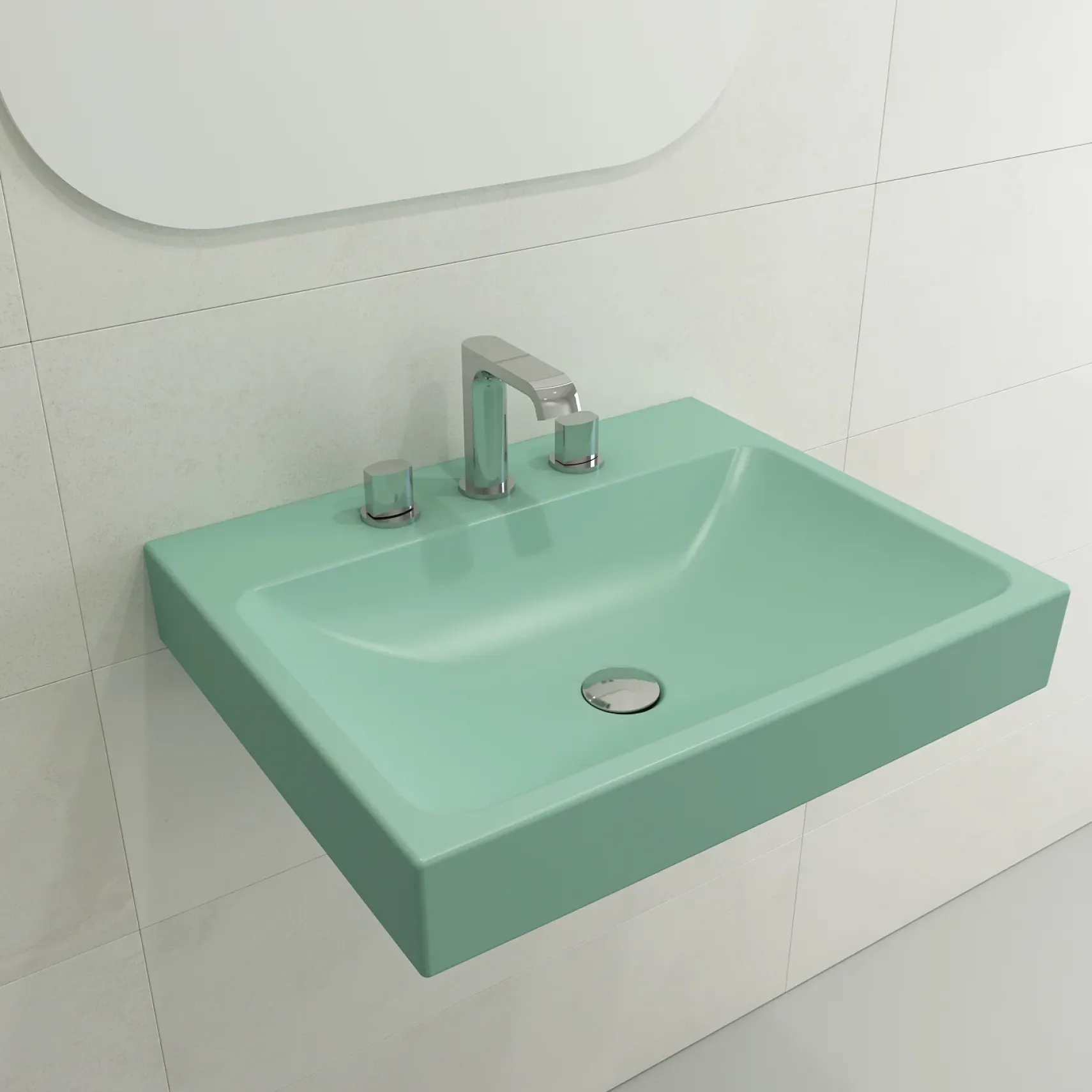 BOCCHI Scala 24" Rectangle Wallmount Fireclay Bathroom Sink, Matte Mint Green, 3 Faucet Hole, 1077-033-0127
