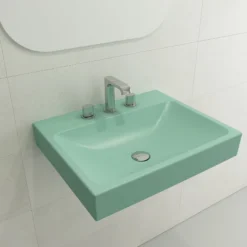 BOCCHI Scala 24" Rectangle Wallmount Fireclay Bathroom Sink, Matte Mint Green, 3 Faucet Hole, 1077-033-0127