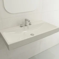 BOCCHI Scala 40" Rectangle Wallmount Fireclay Bathroom Sink, Biscuit, 3 Faucet Hole, 1079-014-0127
