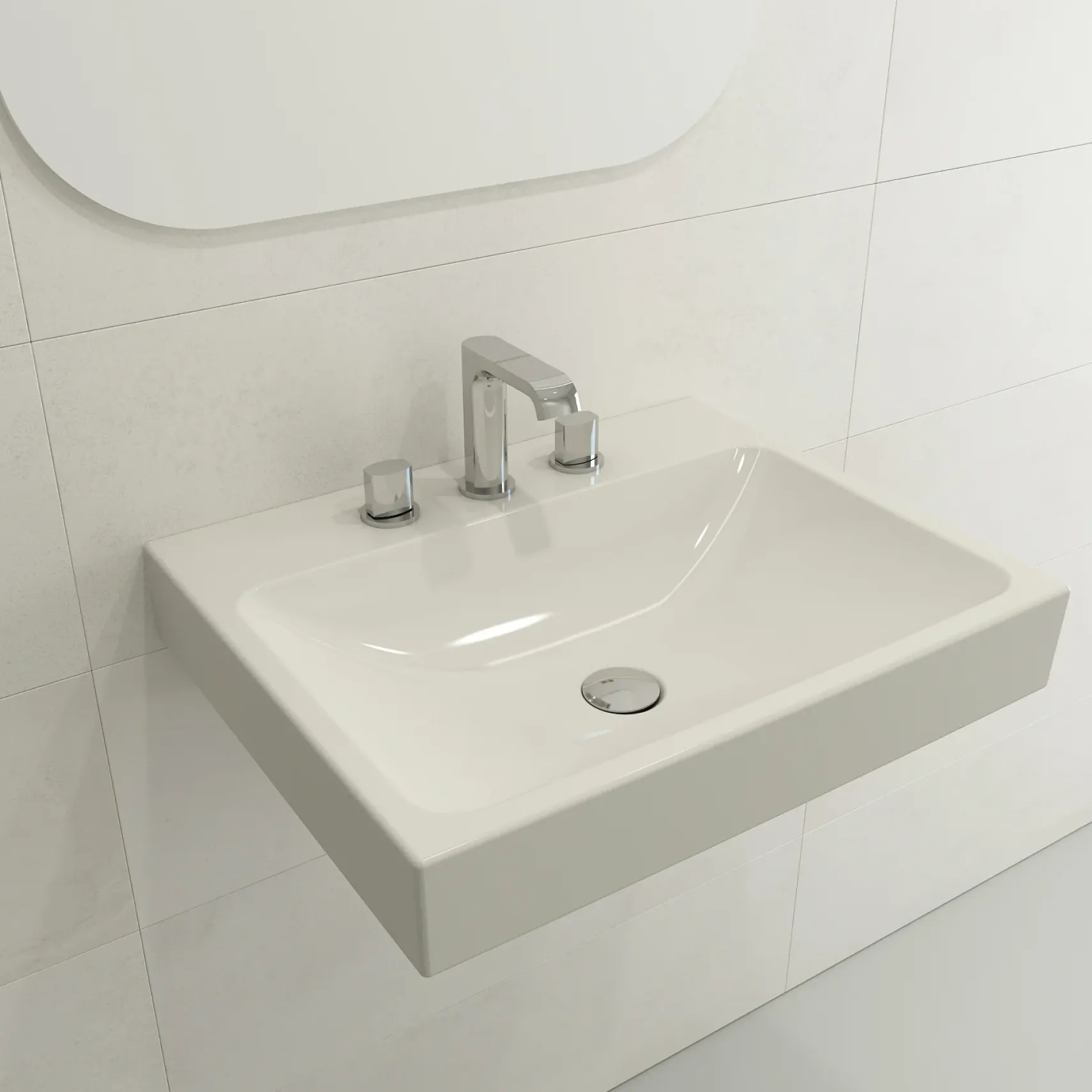 BOCCHI Scala 24" Rectangle Wallmount Fireclay Bathroom Sink, Biscuit, 3 Faucet Hole, 1077-014-0127