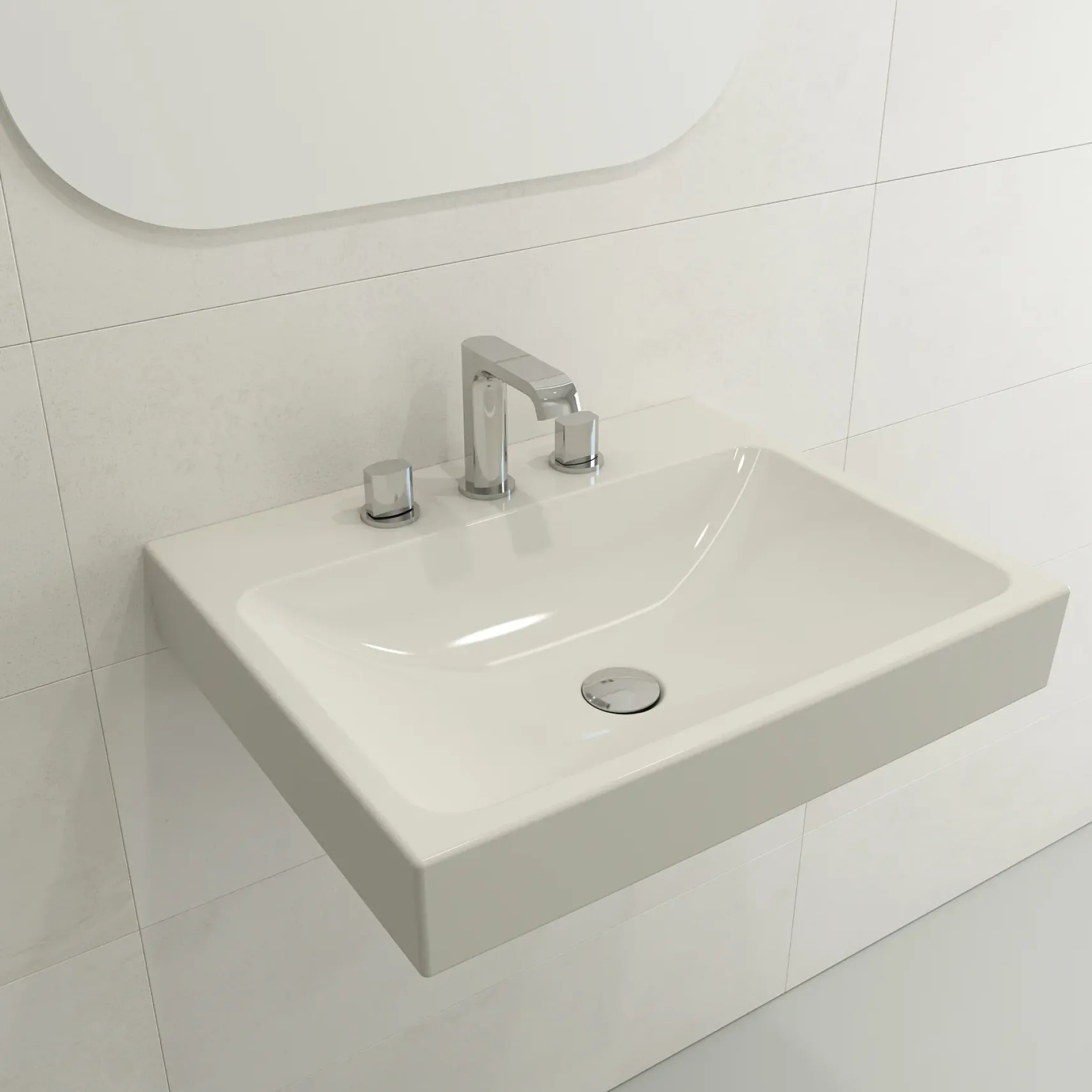 BOCCHI Scala 24" Rectangle Wallmount Fireclay Bathroom Sink, Biscuit, 3 Faucet Hole, 1077-014-0127