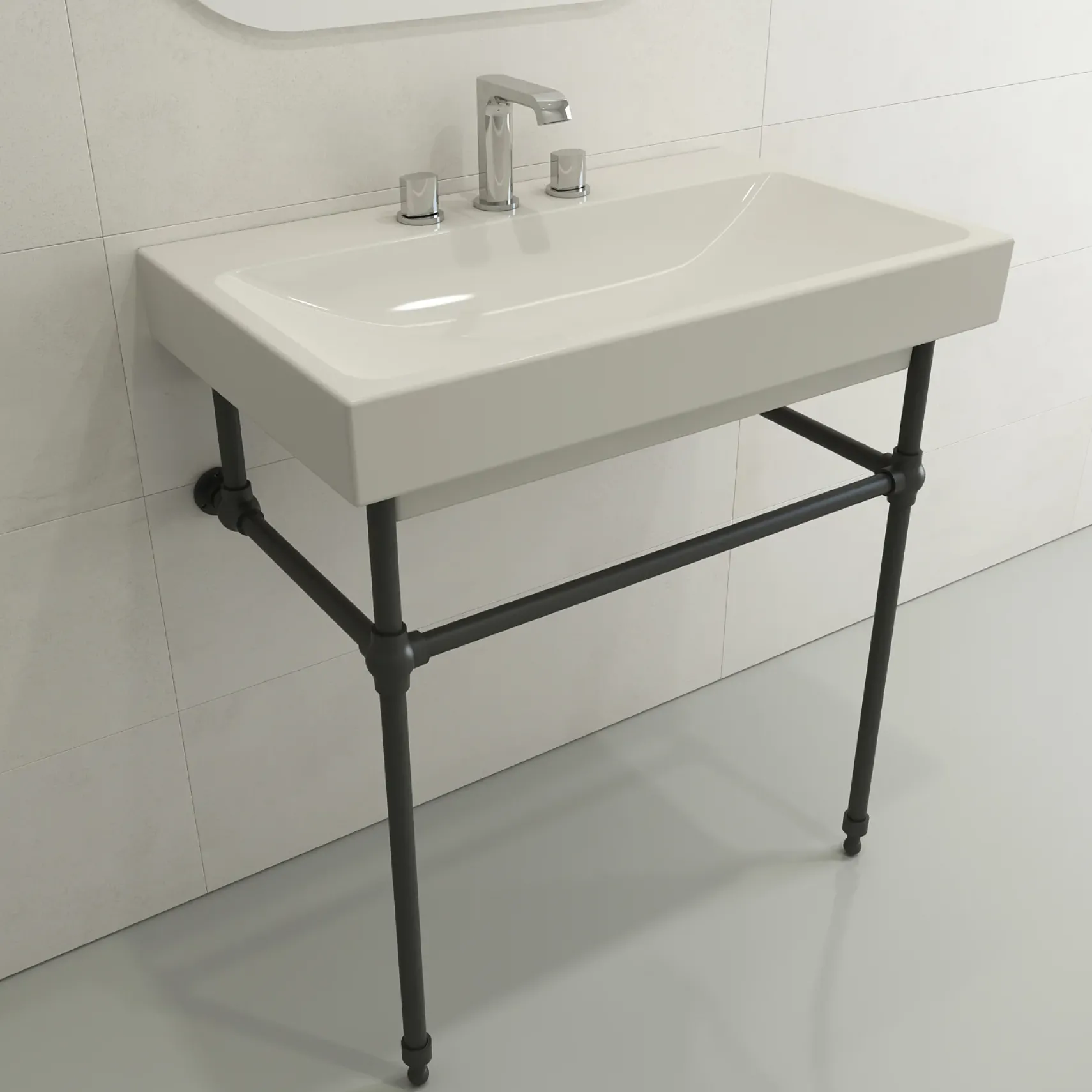 BOCCHI Scala 32" Rectangle Wallmount Fireclay Bathroom Sink, Biscuit, 3 Faucet Hole, 1078-014-0127