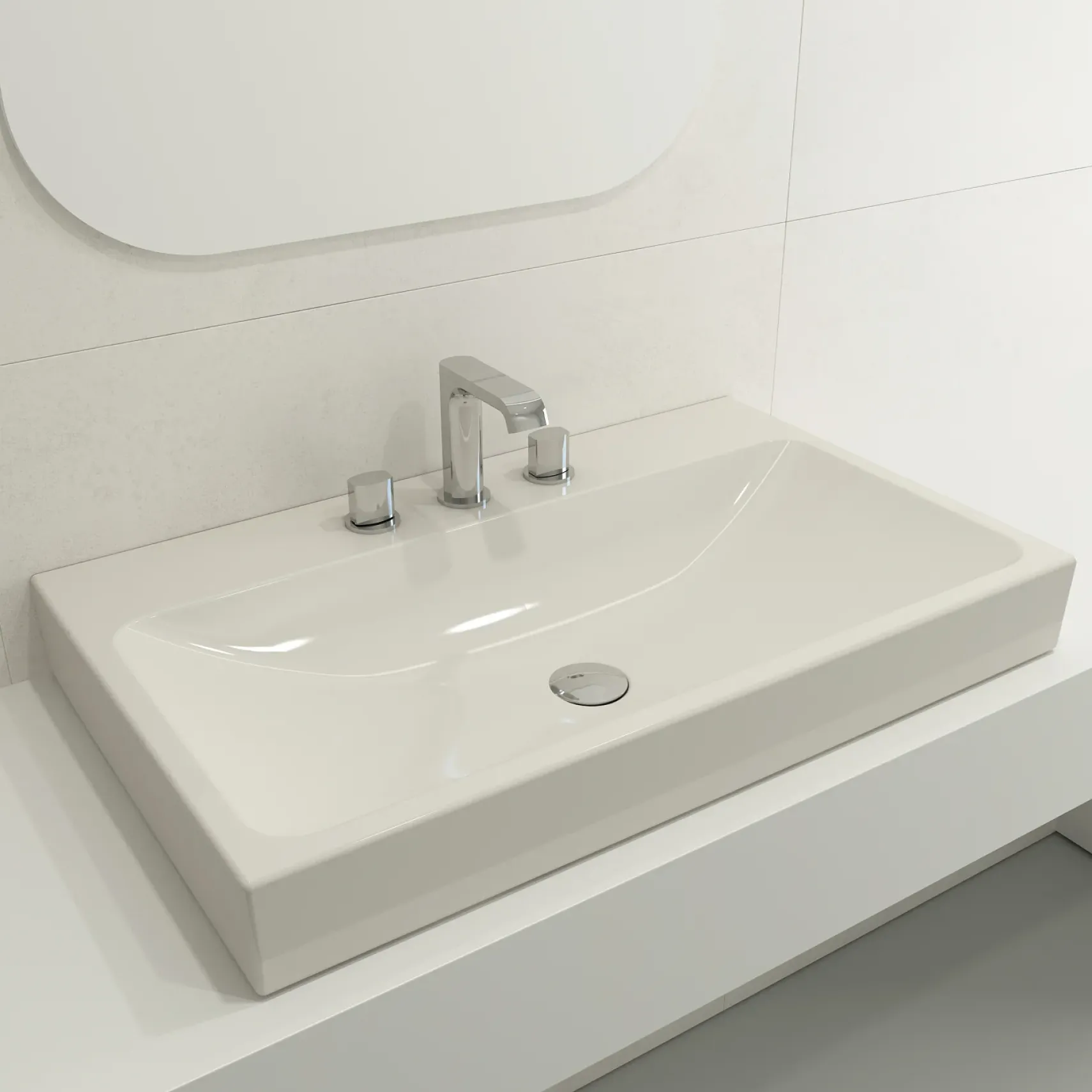 BOCCHI Scala 32" Rectangle Wallmount Fireclay Bathroom Sink, Biscuit, 3 Faucet Hole, 1078-014-0127