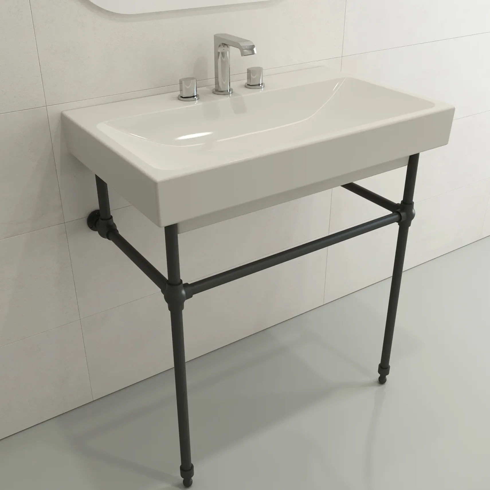 BOCCHI Scala 32" Rectangle Wallmount Fireclay Bathroom Sink, Biscuit, 3 Faucet Hole, 1078-014-0127