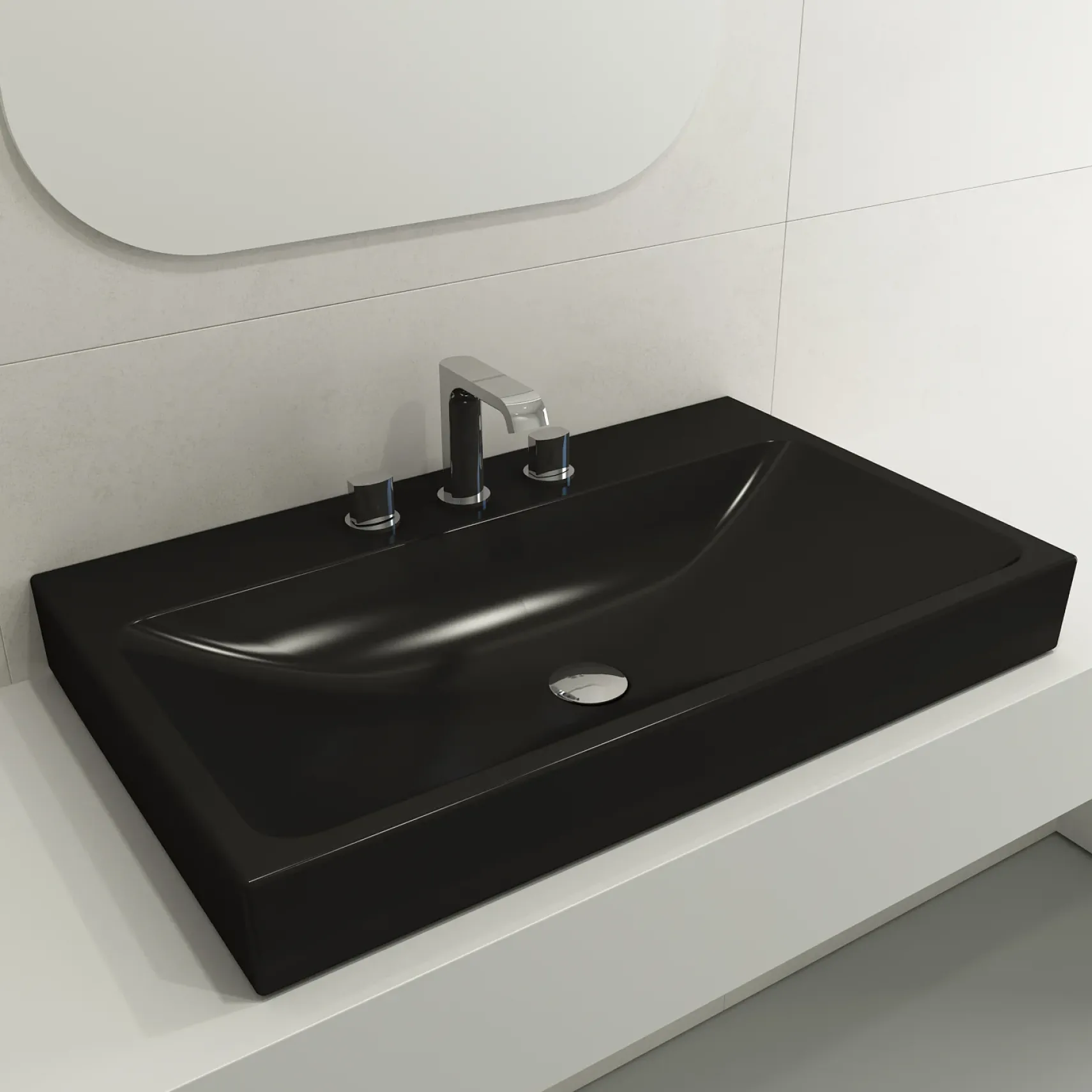 BOCCHI Scala 32" Rectangle Wallmount Fireclay Bathroom Sink, Matte Black, 3 Faucet Hole, 1078-004-0127