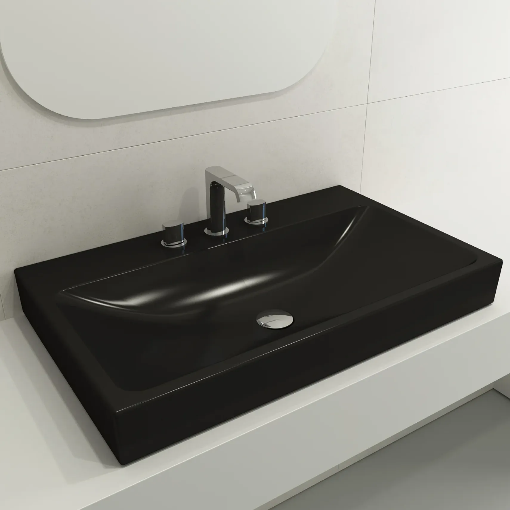 BOCCHI Scala 32" Rectangle Wallmount Fireclay Bathroom Sink, Matte Black, 3 Faucet Hole, 1078-004-0127