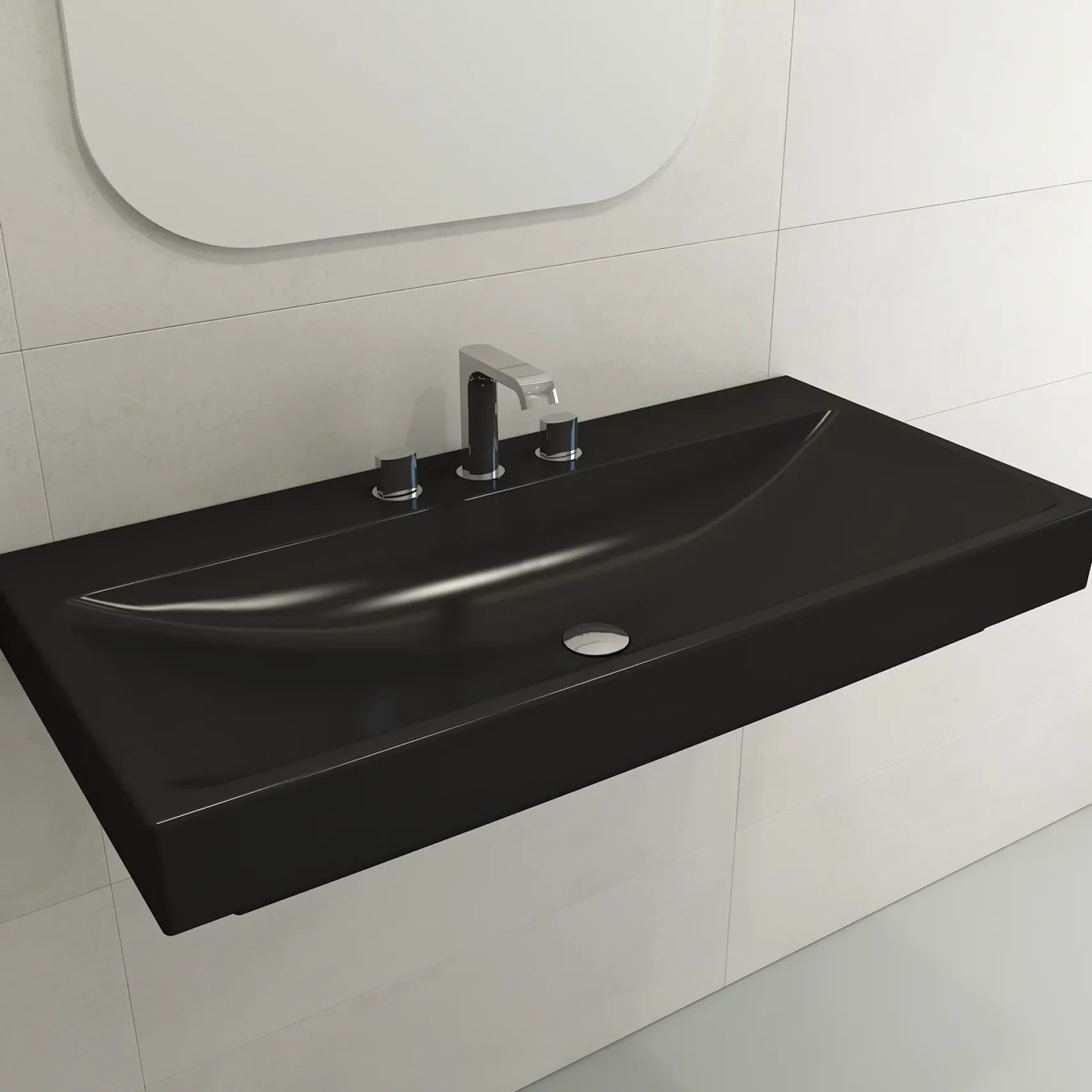 BOCCHI Scala 40" Rectangle Wallmount Fireclay Bathroom Sink, Matte Black, 3 Faucet Hole, 1079-004-0127