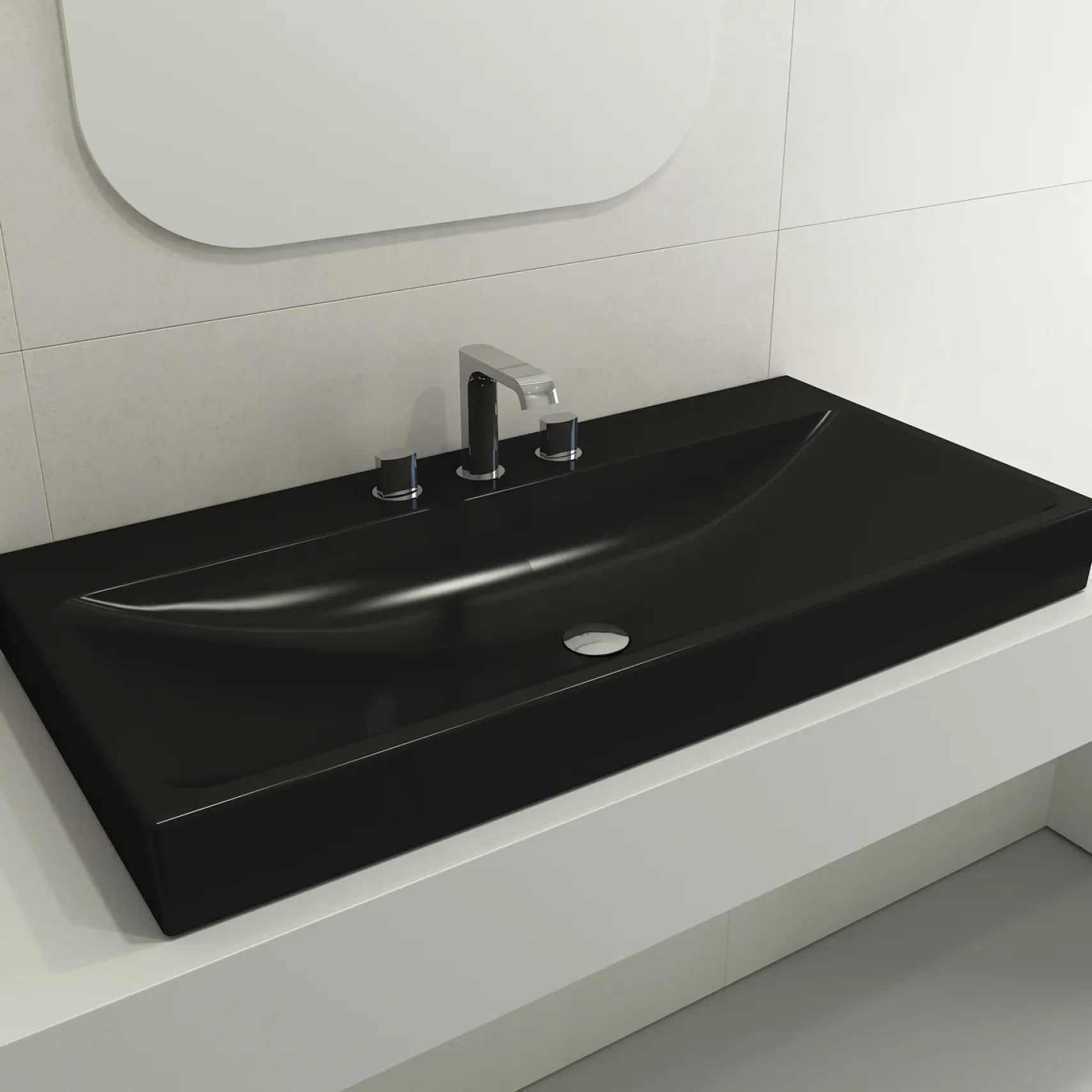 BOCCHI Scala 40" Rectangle Wallmount Fireclay Bathroom Sink, Matte Black, 3 Faucet Hole, 1079-004-0127