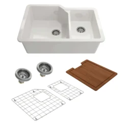 BOCCHI Sotto 33" Dual Mount Fireclay Workstation Kitchen Sink Kit with Accessories, 60/40 Double Bowl, White, 1506-001-KIT1