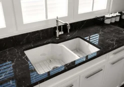 BOCCHI Sotto 33" Dual Mount Fireclay Kitchen Sink with Accessories, 60/40 Double Bowl, White, 1506-001-0120