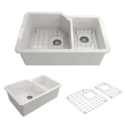 BOCCHI Sotto 33" Dual Mount Fireclay Kitchen Sink with Accessories, 60/40 Double Bowl, White, 1506-001-0120