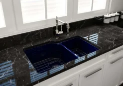 BOCCHI Sotto 33" Dual Mount Fireclay Kitchen Sink with Accessories, 60/40 Double Bowl, Sapphire Blue, 1506-010-0120