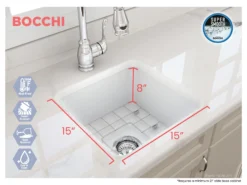 BOCCHI Sotto 18" Fireclay Undermount Single Bowl Bar Sink with Protective Bottom Grid and Strainer, Matte White, 1359-002-0120