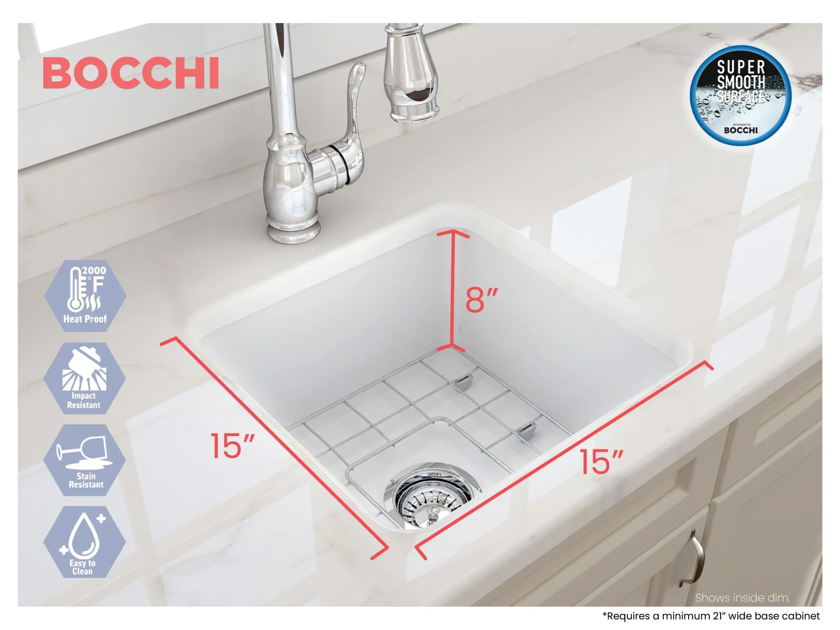 BOCCHI Sotto 18" Fireclay Undermount Single Bowl Bar Sink with Protective Bottom Grid and Strainer, Matte White, 1359-002-0120