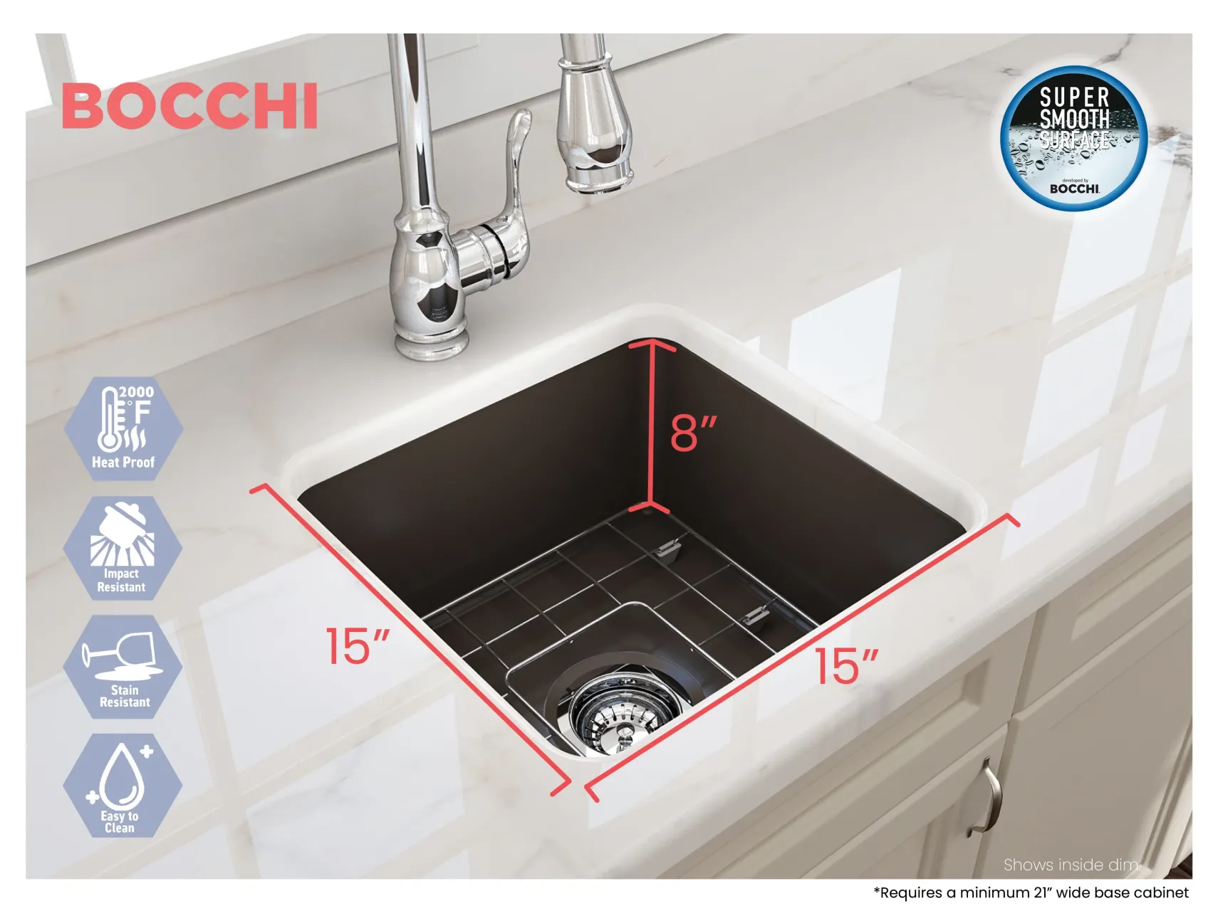 BOCCHI Sotto 18" Fireclay Undermount Single Bowl Bar Sink with Protective Bottom Grid and Strainer, Matte Brown, 1359-025-0120