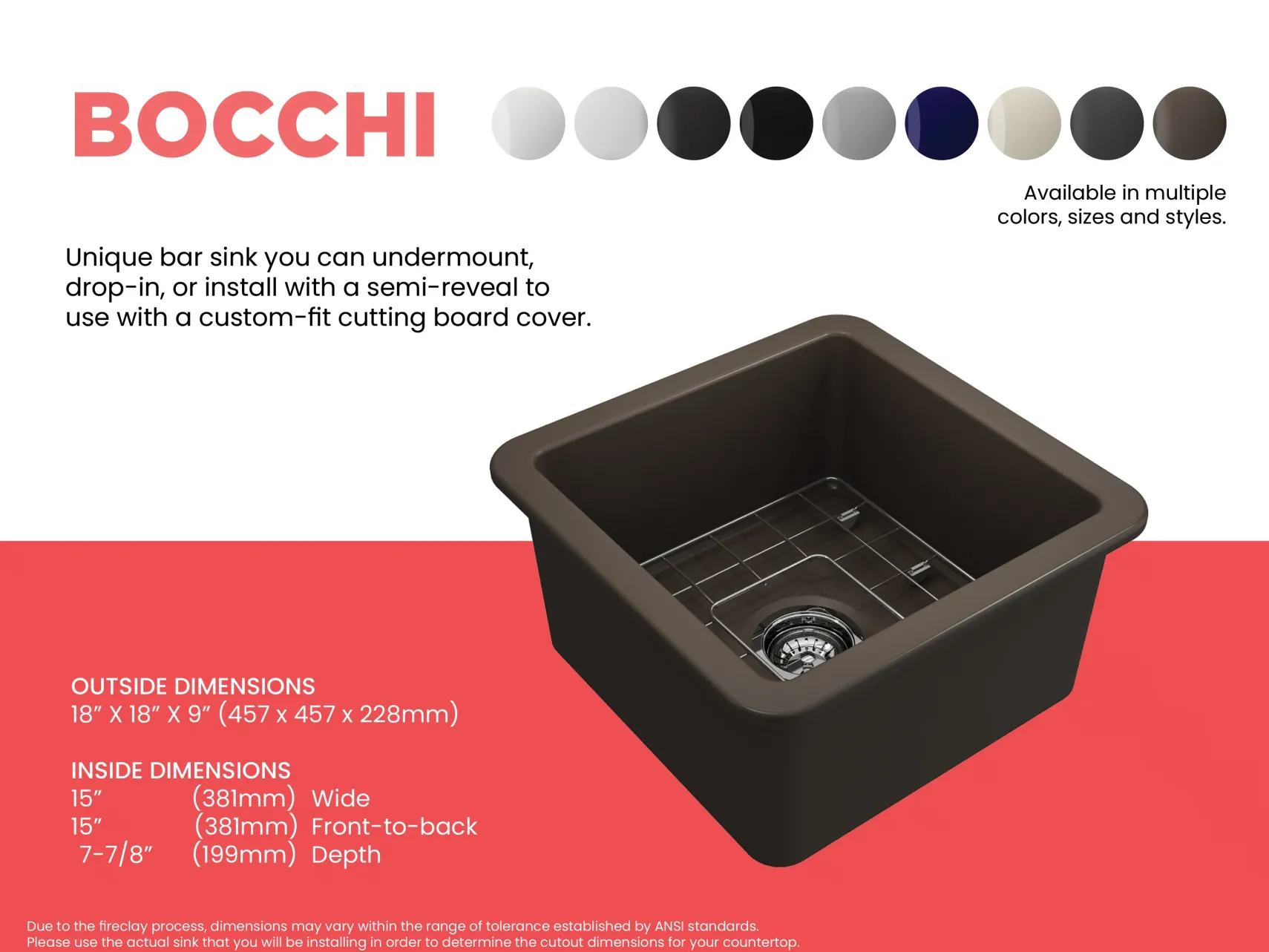 BOCCHI Sotto 18" Fireclay Undermount Single Bowl Bar Sink with Protective Bottom Grid and Strainer, Matte Brown, 1359-025-0120