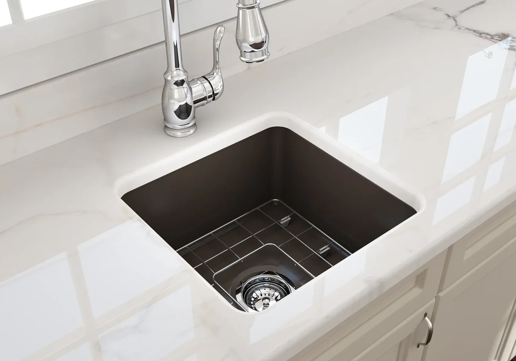 BOCCHI Sotto 18" Fireclay Undermount Single Bowl Bar Sink with Protective Bottom Grid and Strainer, Matte Brown, 1359-025-0120