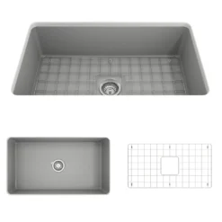BOCCHI Sotto 32" Fireclay Undermount Single Bowl Kitchen Sink, Matte Gray, 1362-006-0120