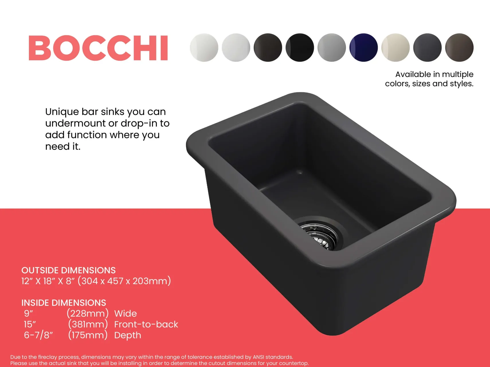 BOCCHI Sotto 12" Fireclay Undermount Single Bowl Bar Sink with Strainer, Matte Dark Gray, 1358-020-0120