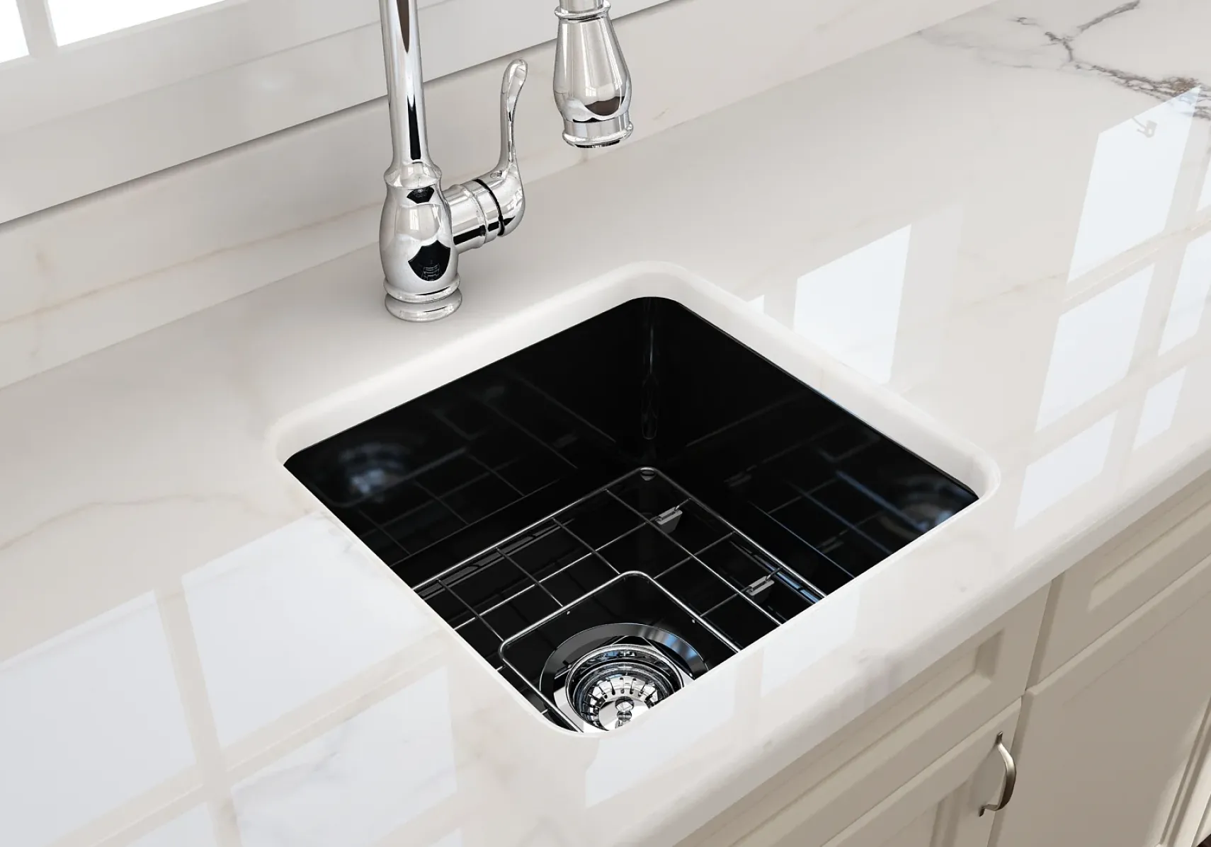 BOCCHI Sotto 18" Fireclay Undermount Single Bowl Bar Sink with Protective Bottom Grid and Strainer, Black, 1359-005-0120